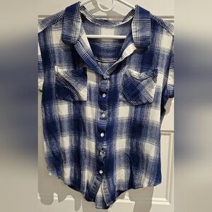 Blue and White Plaid Button-Front Shirt - Casual Women's Top